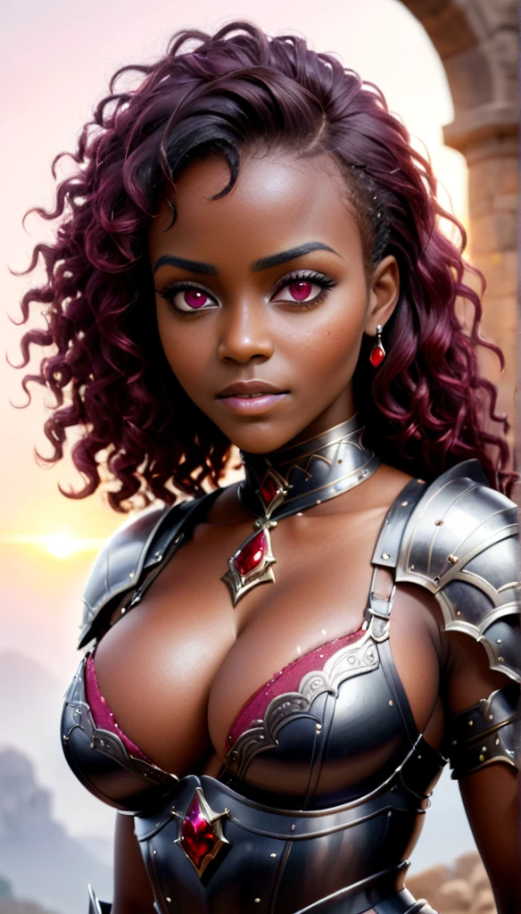 Medieval fantasy setting, masterpiece, extremely beautiful black African woman in her twenties, armor ((full of many rubies: 1.7)), ((armor of rubies)), confident, powerful, strong, fit, hair long and wavy brown hair, warrior, luxury, beauty, beautiful intense eyes, determined face, slightly smiling, black African, intense, sunset, huge and perky breasts, underboob, badass, hidden cleavage, perfect photo, cinematic close-up