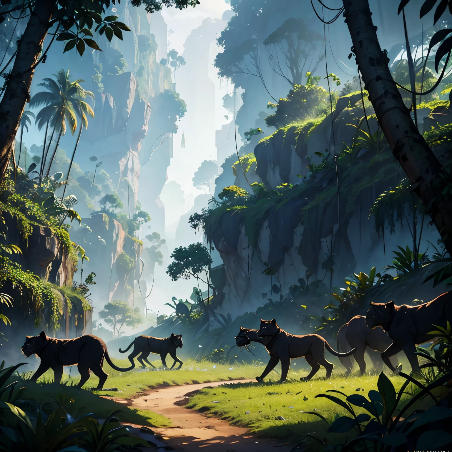 Jungle landscape with minimal fog with panthers in the background searching for a meal, very detailed