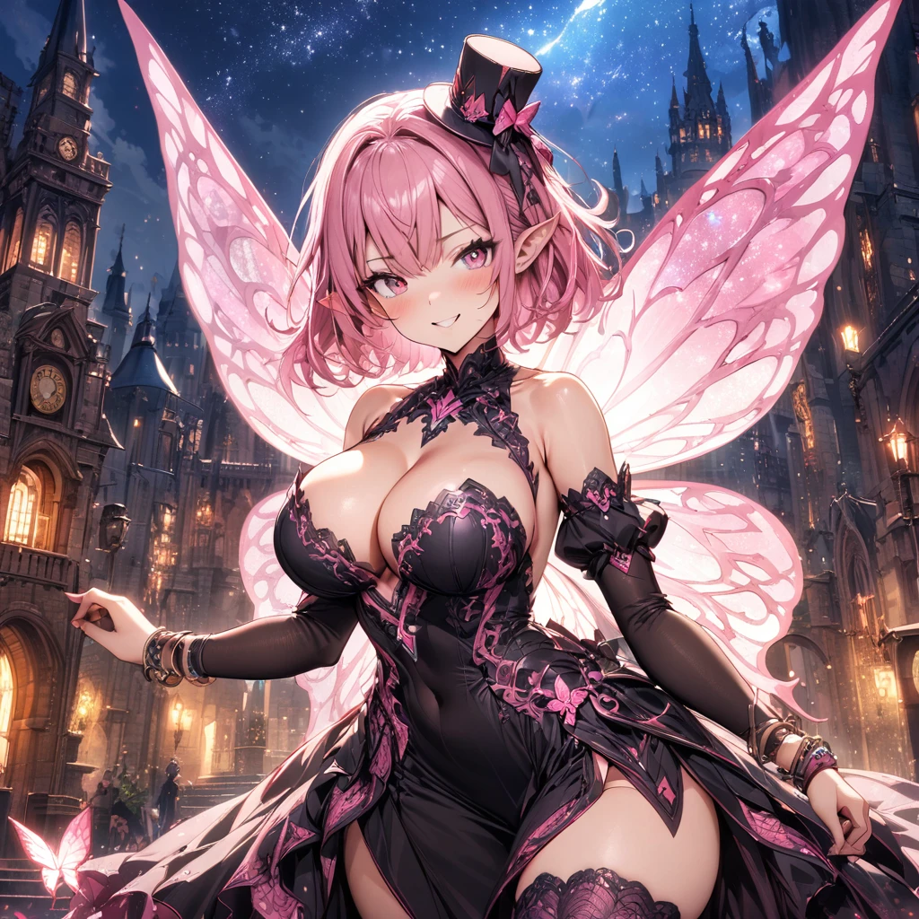 (masterpiece), best quality, expressive eyes, perfect face,(((1girl))),pointy ears,pink hair,short hair,pixie cut,pink eyes,(mini hat:1.2),(pink and black intricate dress:1.5),(black and pink intricate stockings),detached sleeves,bracelets,big breasts,cleavage,curvy,standing,head tilt,(evil grin),fantasy scenery,castle,clock tower,(night:1.1),(starry sky:1.1),(pink butterfly wings),garterbelt,(particles:0.9),(sparkles:0.9),(glitter:0.9),full body