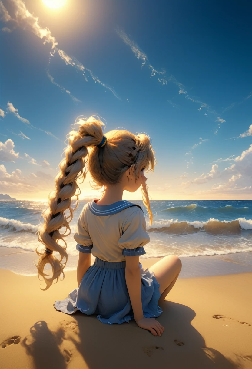 (girl, Twin Tails), The scene mainly depicts a girl sitting on the beach, with two ponytails swaying gently in the wind. With a relaxed and happy expression, she is looking at the distant waves. The background is a golden beach and a sea surface shimmering with blue light, full body, (Photography, Raw photo), panoramic view, award-winning, cinematic still, emotional, vignette, dynamic, vivid, (masterpiece, best quality, Professional, perfect composition, very aesthetic, absurdres, ultra-detailed, intricate details:1.3)