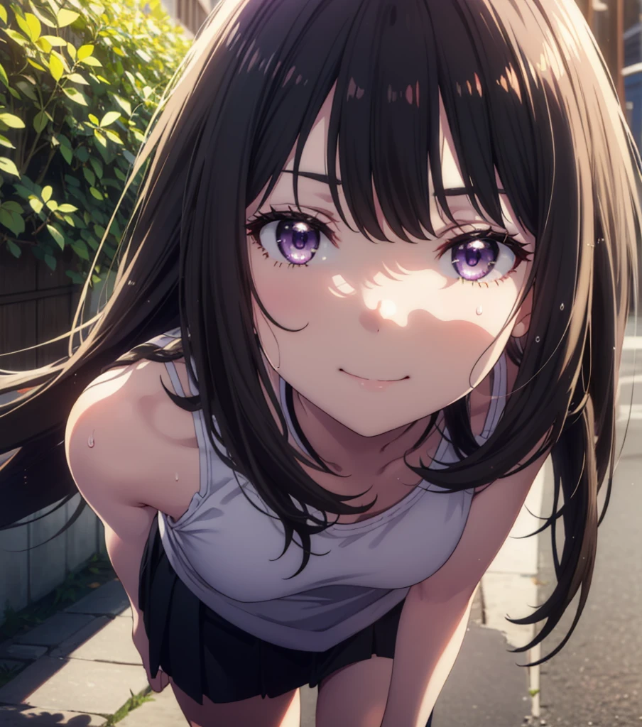 Takiuchikami, Check it out, Long Hair, bangs, Black Hair, (Purple eyes:1.2),happy smile, smile, Close your mouth,Sweat,White Tank Top,mini skirt, Cute Sandals,Walking,Daytime,Clear skies,whole bodyがイラストに入るように,
break outdoors, countryside,
break looking at viewer, whole body,
break (masterpiece:1.2), Highest quality, High resolution, unity 8k wallpaper, (figure:0.8), (Beautiful attention to detail:1.6), Highly detailed face, Perfect lighting, Highly detailed CG, (Perfect hands, Perfect Anatomy),