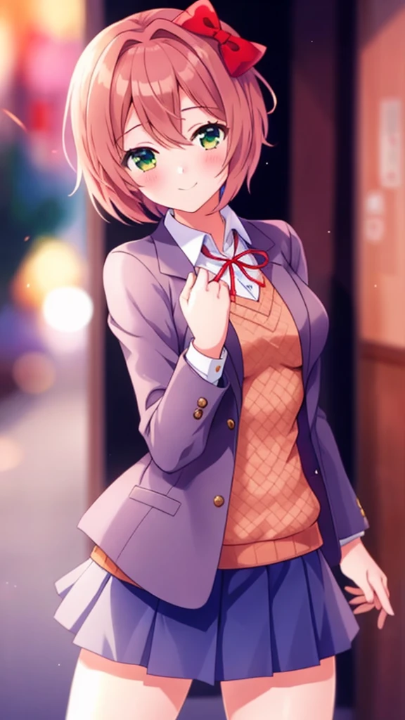 one girl, Sayori, DDLC, Doki Doki Literature Club, hair bow, short hair, cheerful girl, school blazer, positive girl, medium breasts, careless girl, girl wink at me cutely, skirt