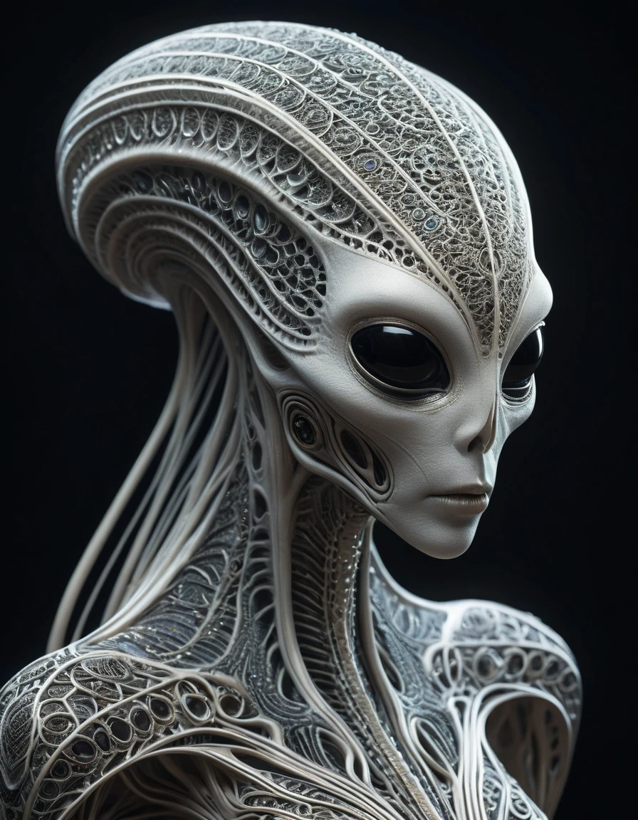 The image portrays an otherworldly creature standing and leaning slightly forward. It has a slender, almost skeletal frame that contrasts starkly with its oversized, elaborate outfit, which appears to be made of flowing, ethereal materials. The creature's most striking features are its enormous eyes, framed by long, thick eyelashes that add a surreal and almost enchanting quality to its gaze. The 3D rendering enhances the creature's alien characteristics, with fine details that bring out the texture of its skin and the intricate patterns of its clothing.