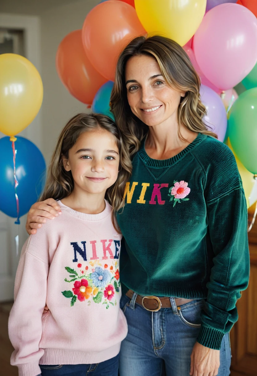 A warm and vibrant photograph captures the tender moment between a 45-year-old brunette woman with medium-sized, sagging breasts and her 13-year-old daughter. Her very serious mother is wearing a dark green cross-stitch sweater with the name Nike and Adidas on the breasts and navy blue jeans. She is standing next to her daughter who is smiling and wearing a pink sweater. velvet with flowers. Her almond eyes shine with joy as they look at each other.
The background is a lively children's party, full of colorful balloons and playful clowns.