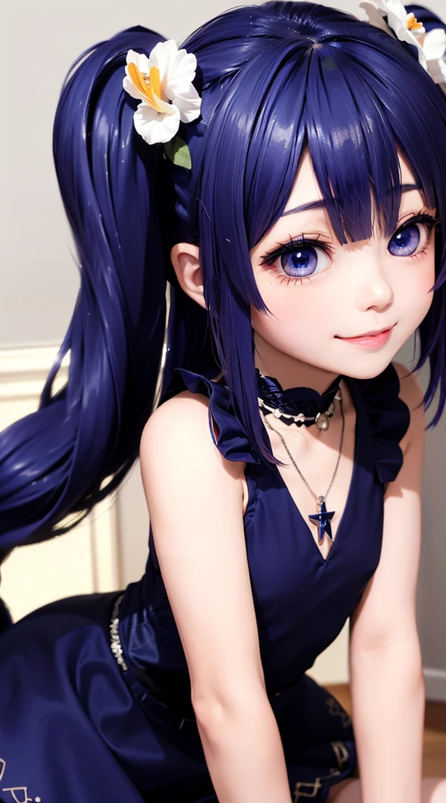(masterpiece:1.3), (Best Quality:1.3), (Ultra-detailed:1.2), ((kawaii)), Cute, (lovely), ((sexy)), ((Extremely detailed)), 4K, (8K), Best Quality, (Beautiful), Illustration, anime style, (bold line:1.2), Gradation, looking at viewer, //, (bent down:1.1), (arms behind back), //, a cute girl, 1girl, (solo:1.2), gleaming skin, //, (flat chested), (Perfect eyes:1.2), (Perfect iris:1.2), //, darkblue hair color, (beautiful eyes) //, (half closed eyes:1.3), (sexual expression:1.2), Fascinated expression, smile, (blush:1.2), //, modern city background, on rock, twin tails, muscle girl, hard abs, exposed abs, NECKLACE, gothic dress, skirt