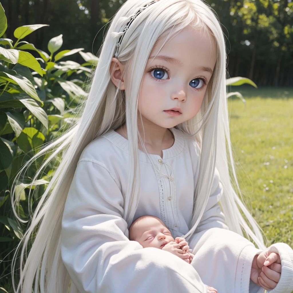 A white baby with straight hair, light colored hair 