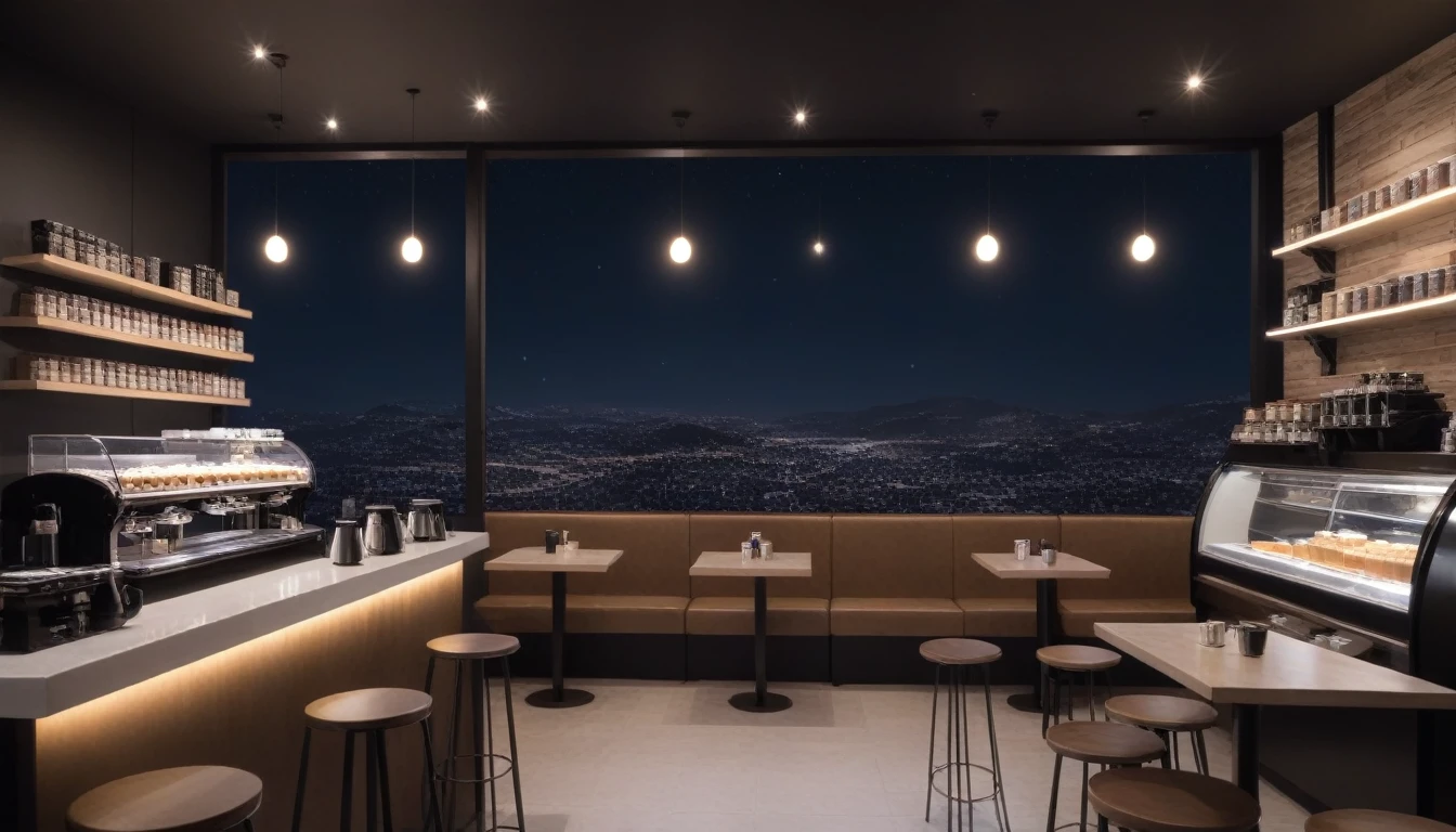 at night, frontal shot coffee shot interior, tables with coffee cups and a big window in the center