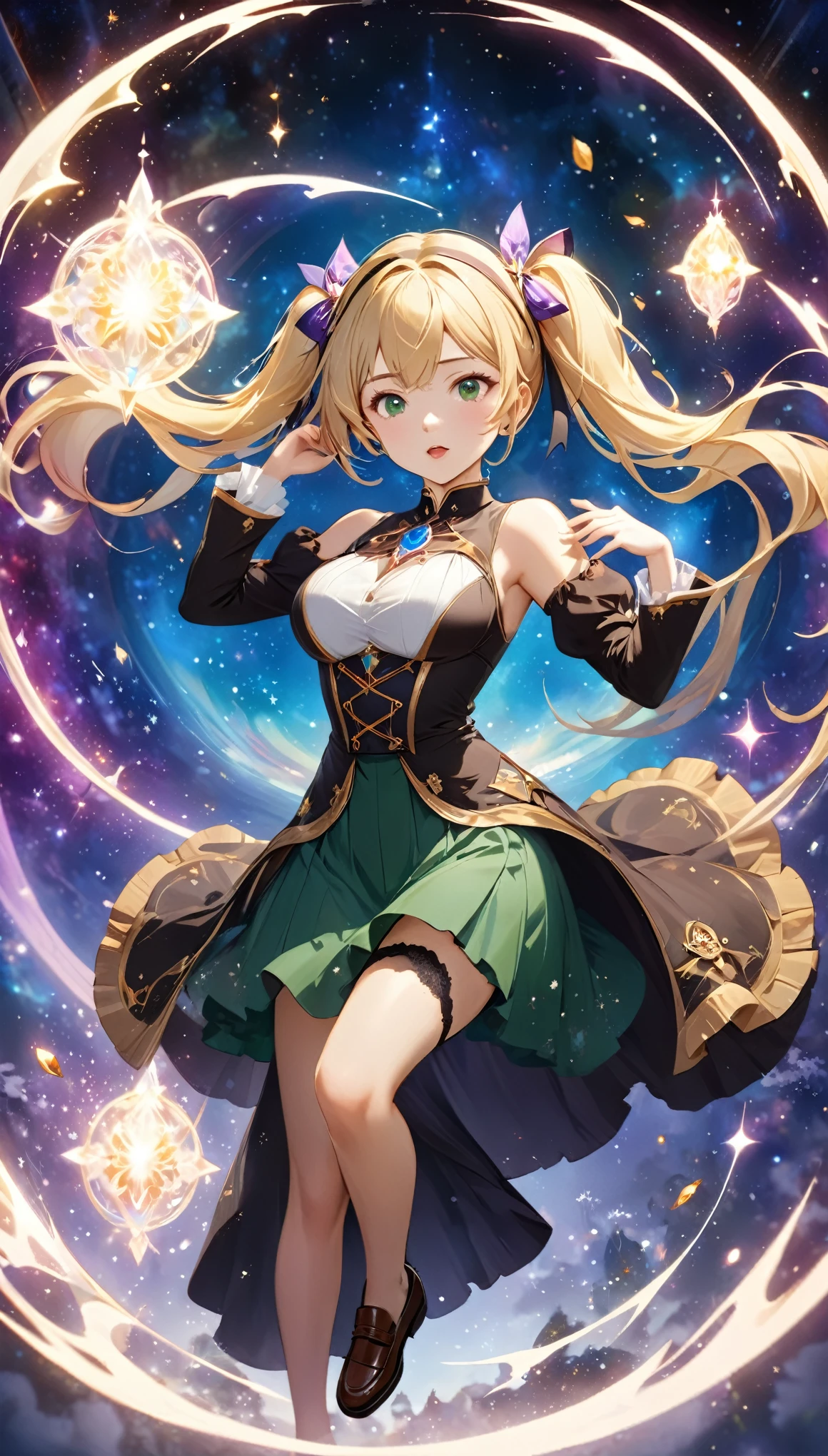 8K resolution, masterpiece, Highest quality, Award-winning works, unrealistic, Only sexy women, healthy shaped body, Age 25, White wavy long hair, twin tail, hair band, huge firm bouncing busts, witch, royal coat of arms, elegant, Very detailed, Digital Painting, artステーション, コンセプトart, Smooth, Sharp focus, shape, artジャム、Greg Rutkowski、Alphonse Mucha、William Adolphe Bouguereau、art：Stephanie Law , Magnificent cosmic background, Royal Jewel, nature, Full Shot, Symmetric, Greg Rutkowski, Charlie Bowwater, beep, Unreal 5, Surreal, Dynamic Lighting, ファンタジーart, Complex colors, カラフルなmagic陣, magic, Small face, Very delicate facial expressions, Delicate eye depiction, Upper body close-up,, erotic, dynamic sexy poses, One sexy woman, Healthy body shape, 24-year-old woman, doaxvv_marie rose, witch, Height: 170cm, big firm bouncing busts, , blonde very long wavy hair, twin tail,, Top view, Glaring at the camera, Looking up, Invincible laughter, A complex, gothic-style long dress, , Green long skirt, garter belt, Brown Loafers, Standing Alone