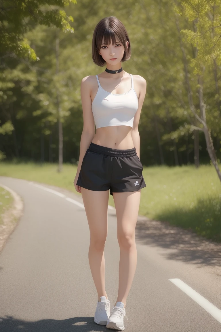 (RAW photo:1.2),(photorealistic:1.4),(masterpiece:1.3),(best quality:1.4),ultra high res,
HDR,8k resolution,
dreamlike,
check commentary,commentary request,scenery,((no text)),
solo focus, (full body),
(detailed eyes),(detailed facial features), (detailed clothes features),
skin tight, (shiny skin),(slender girl),(slim girl),
(1girl,solo),VirtualGirl-Rin, happy, smile, (small breasts), bangs, bob hair, short hair, brown hair, brown eyes, black choker,
university student, , white high school sportswear,red sports shorts,sneakers,