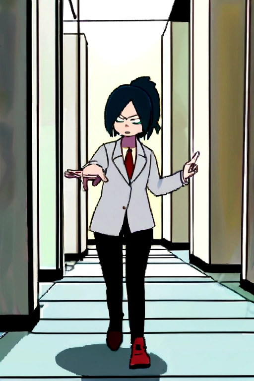 Screenshot Boku no Hero Academia, ua hallway background. Full body shot. young woman. short wavy navy blue hair with a white strand taken in a ponytail. light green eyes. parts. a wave tattoo on the neck. white long sleeve button up shirt, a gray jacket with blue-green stripes and a red tie. annoyed, showing a finger.