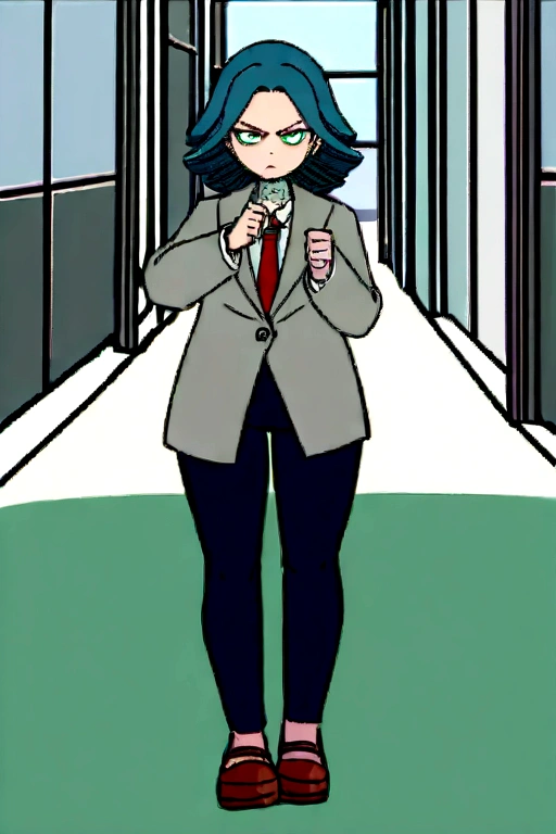 Screenshot Boku no Hero Academia, ua hallway background. Full body shot. young woman. short wavy navy blue hair with a white strand taken in a ponytail. light green eyes. parts. a wave tattoo on the neck. white long sleeve button up shirt, a gray jacket with blue-green stripes and a red tie. annoyed, showing a finger.