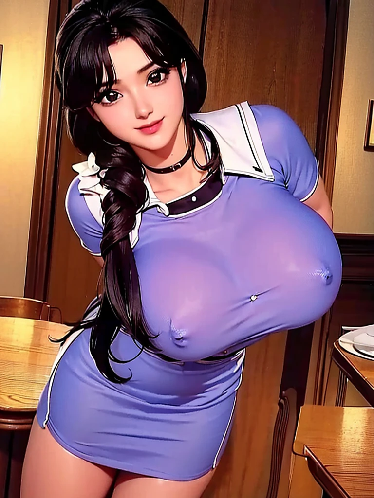 Highest quality、masterpiece、8K、Very detailed、Realistic、One person、Looking at me with a smile、whole body、Big Breasts、Erect nipples、Thin and beautiful legs、Tight and slim waist、A tight-fitting, sleeveless waitress uniform with buttons and a collar