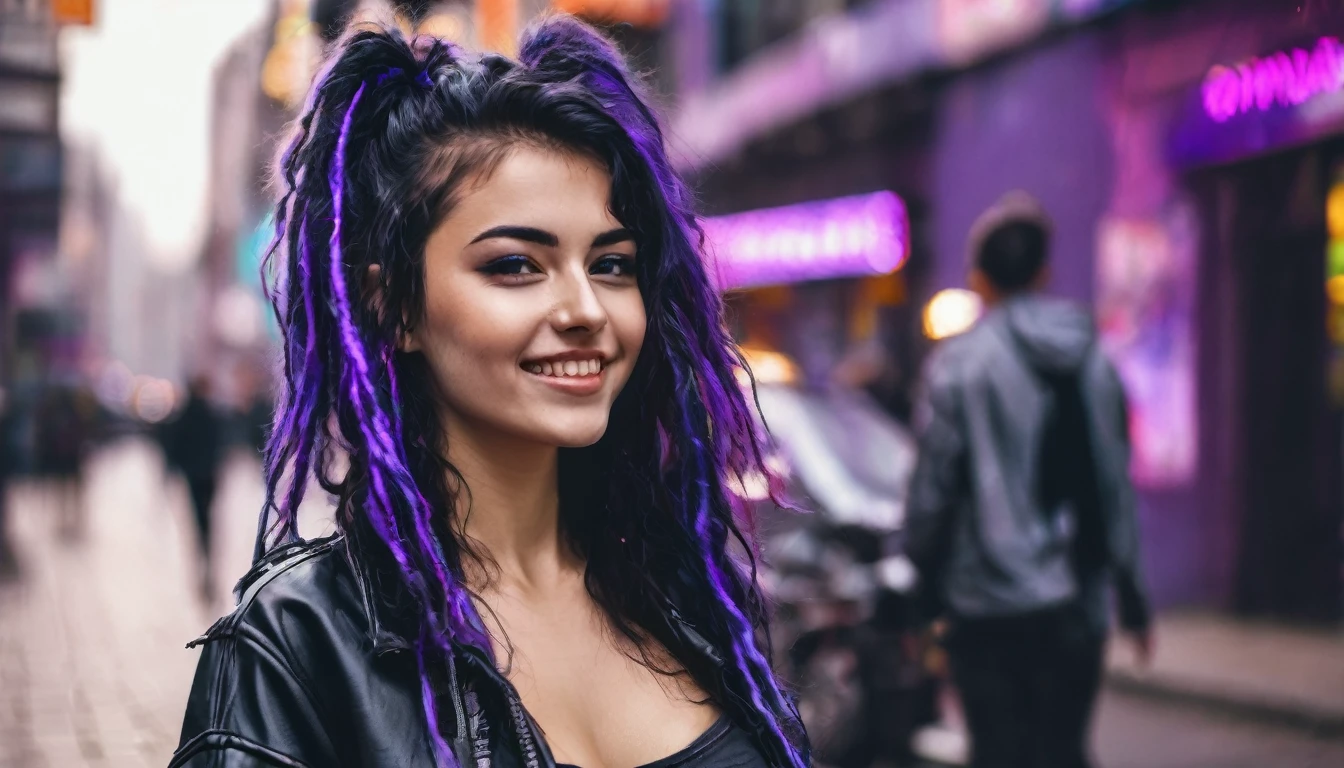 gorgeous cyberpunk woman, woman posing on the street. sexy attire, erotic attire. cute face. 22 y o eastern europian woman, cute smile. long messy hair, black hair with purple mops, big messy hair