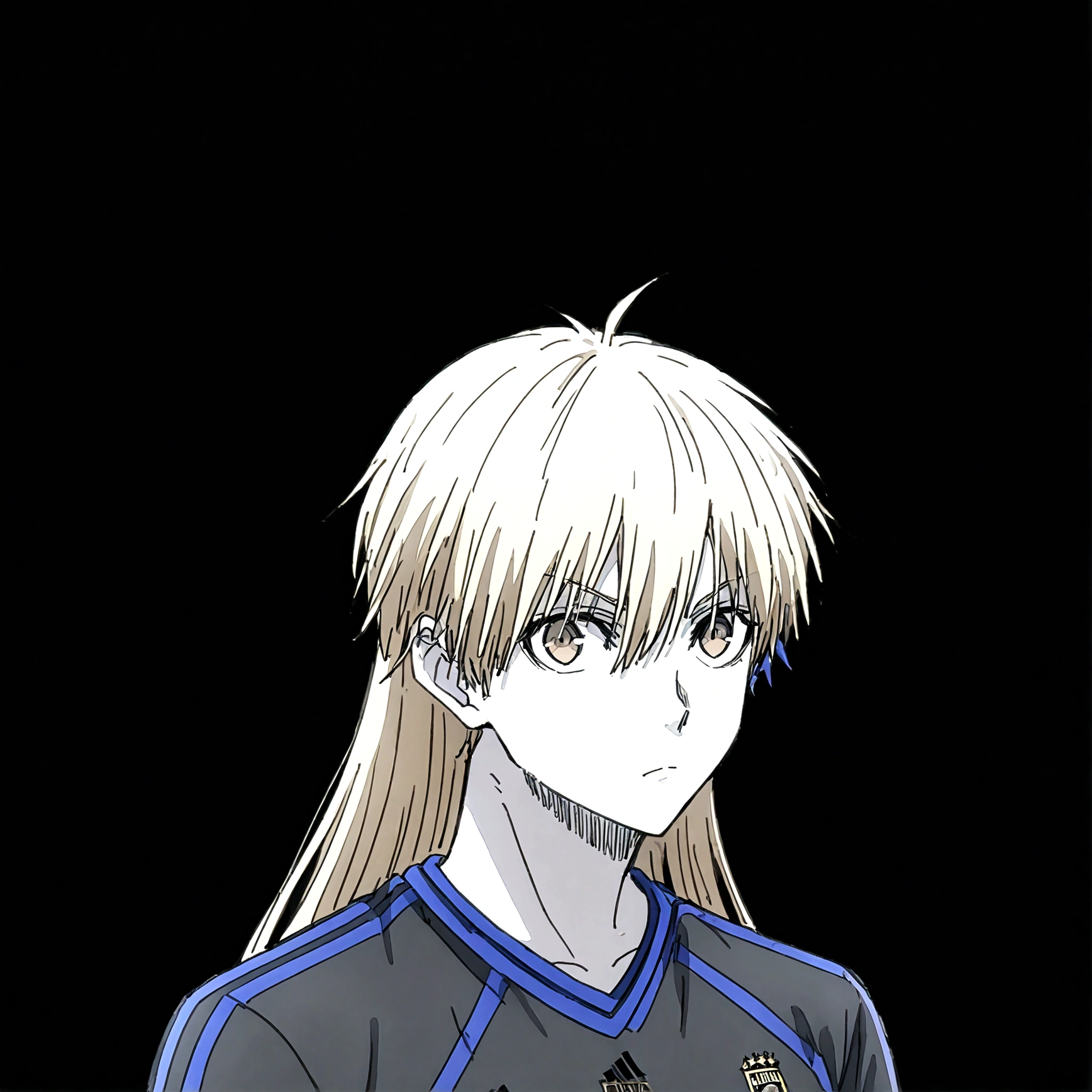 1boy, lion eyes, Vestindo a camisa da seleção iraquiana da Adidas, Sentado em uma bola de futebol no centro do Camp Nou, brown eyes, fashionable hair, blonde hair, black shirt, number 11, white skin, looking at the side, {{long hair}}, upperbody