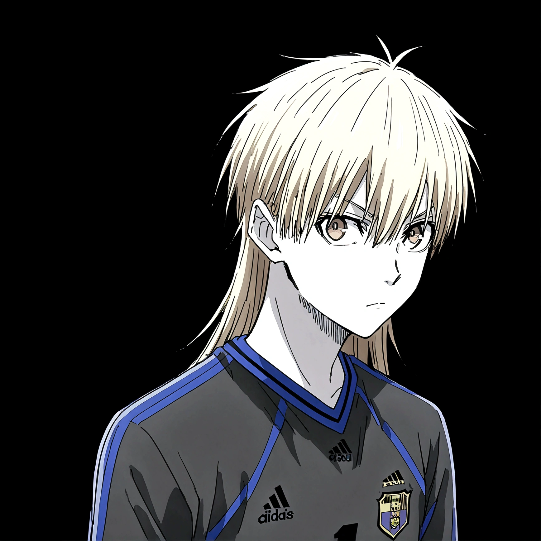 1boy, lion eyes, Vestindo a camisa da seleção iraquiana da Adidas, Sentado em uma bola de futebol no centro do Camp Nou, brown eyes, fashionable hair, blonde hair, black shirt, number 11, white skin, looking at the side, {{long hair}}, upperbody