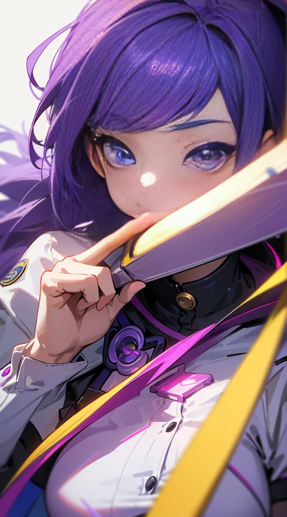 Top Quality, 8K, 4K, High Definition, Detail, (better-quality, 8K, 12), top-quality, 1 girl、only showing her face, she has purple hair, wearing a yellow pin in her right side of her hair, she has her hands together, she looking at you, she is smiling at you, medium breast,