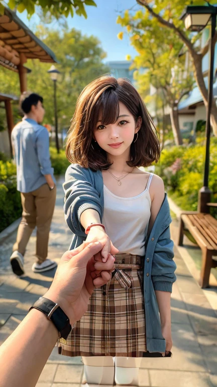 Highest quality,masterpiece,photograph,Please draw the legs as well,cute,Japanese women,Holding hands gesture