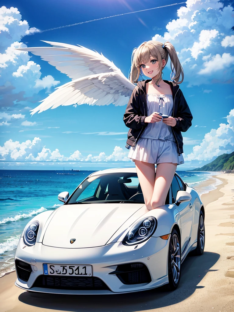 Driving a white Porsche along the beach、Blue long hair、Beautiful girl with twin tails、Splash art of water flying up、blue sky、White cloud、Bright smile、Seaside scenery