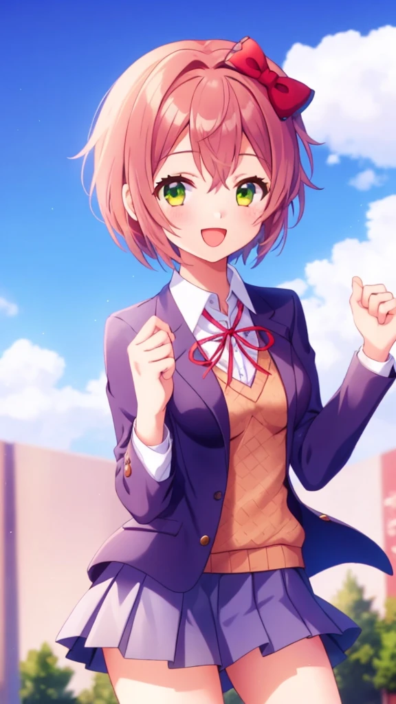 one girl, Sayori, DDLC, Doki Doki Literature Club, hair bow, short hair, cheerful girl, school blazer, positive girl, medium breasts, careless girl, girl wink at me cutely, happy, skirt