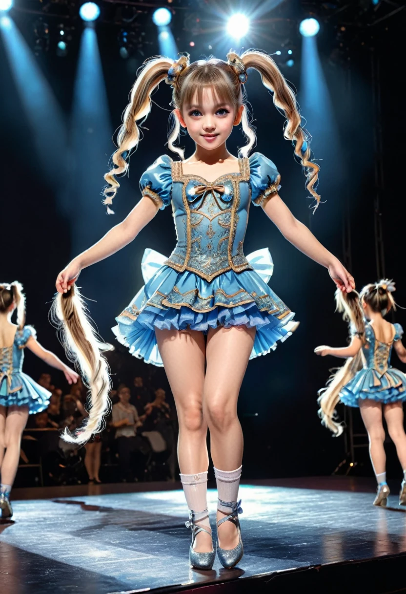 (girl, Twin Tails), A girl dressed in gorgeous performance attire danced gracefully on stage, her ponytails adorned with shiny hair accessories, attracting the attention of all the audience. The background was a dazzling stage, full body, (Photography, Raw photo), panoramic view, award-winning, cinematic still, emotional, vignette, dynamic, vivid, (masterpiece, best quality, Professional, perfect composition, very aesthetic, absurdres, ultra-detailed, intricate details:1.3)