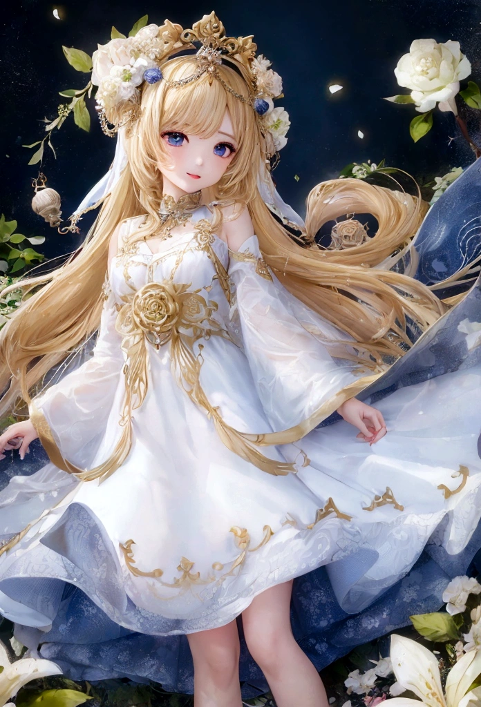 Highest quality、One Woman、goddess、Blonde、White Dress、