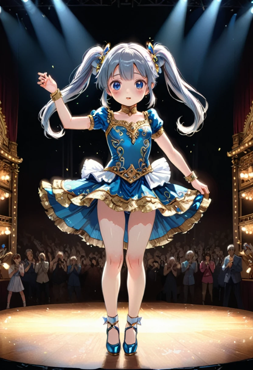 (girl, Twin Tails), A girl dressed in gorgeous performance attire danced gracefully on stage, her ponytails adorned with shiny hair accessories, attracting the attention of all the audience. The background was a dazzling stage, full body, (Photography, Raw photo), panoramic view, award-winning, cinematic still, emotional, vignette, dynamic, vivid, (masterpiece, best quality, Professional, perfect composition, very aesthetic, absurdres, ultra-detailed, intricate details:1.3)