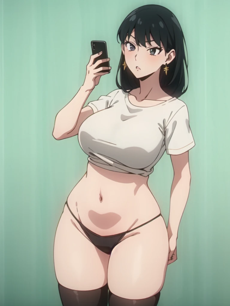 bent over,armpits,hand on hip, yor briar,1girl,solo,black hair,bangs,gold earrings,cowboy shot, wearing a white tshirt, (black panty), (black thong), Exquisite visuals, high-definition,masterpiece,phone in one hand. (big hips), hourglass body, black thighhighs, thick thighs, saggy breasts. (bathroom background). best quality,Exquisite visuals,high-definition,masterpiece,best quality,mature female,Beautiful Fingers,Beautiful long legs,Beautiful body,Beautiful character design,ymmetrical body, sensualizing, pouting with orgasmic expression