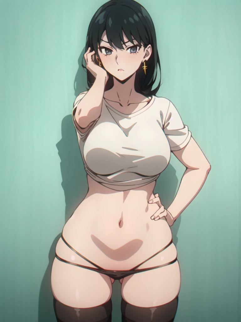 bent over,armpits,hand on hip, yor briar,1girl,solo,black hair,bangs,gold earrings,cowboy shot, wearing a white tshirt, (black panty), (black thong), Exquisite visuals, high-definition,masterpiece,phone in one hand. (big hips), hourglass body, black thighhighs, thick thighs, saggy breasts. (bathroom background). best quality,Exquisite visuals,high-definition,masterpiece,best quality,mature female,Beautiful Fingers,Beautiful long legs,Beautiful body,Beautiful character design,ymmetrical body, sensualizing, pouting with orgasmic expression