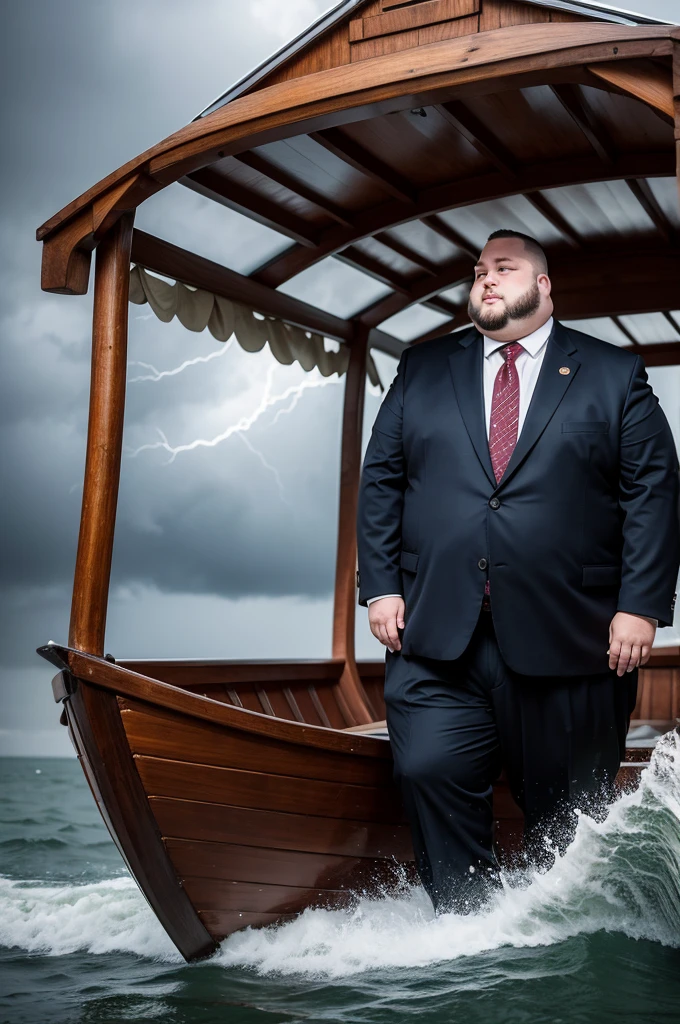 A fat man in a suit inside a wooden boat in the middle of a storm 