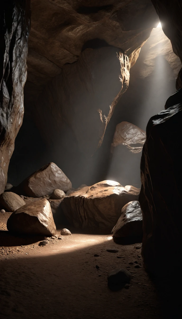 a dark cavern, distant light source, brown tones, rocks, rock seat, detailed, cinematic lighting, realistic, photorealistic, high resolution, hyper detailed, masterpiece, studio lighting, physically based rendering, sharp focus