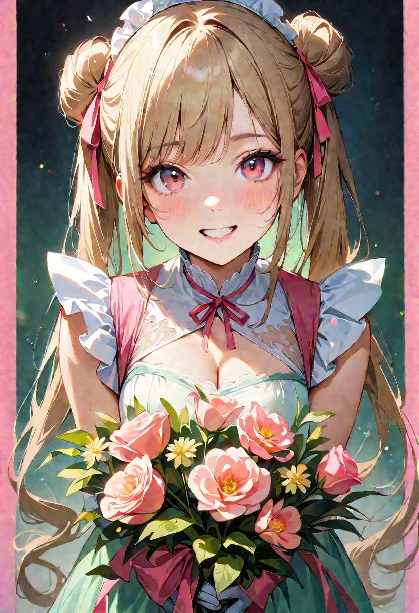 20 years old,1 girl,hyperrealistic, 8k, (extremely detailed 8k), (very delicate and beautiful), (masterpiece), (better quality:1.0), (ultra high resolution:1.0), (masterpiece, best quality), cute,blonde,cleavage cutout,(broen dress:1.3),(crop top navel:1),gleaming skin,twintails,twin bun,a pink ribbon on the head,long hair,pastel green frill Chinese-made dress,white long gloves,delighted,pink border,hold a bouquet of flowers,from the front,a bunch of flowers,POV,bust shot, pastel green maid dress