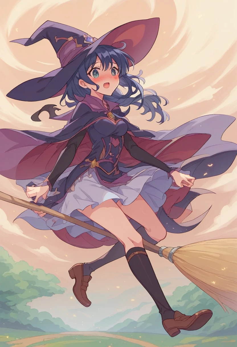 ((((空を飛ぶwitch))),((Ride a broom)),Straddling a broom,Fantasy,Beautiful light and shadow,Anatomically correct,masterpiece,Highest quality,最高masterpiece,8K,Use of magic,witch:witchの帽子:witchの衣装:Familiar,Wind,Fantasy,wonderful,An illustration,Digital Art,wonderful,wonderful,カラーAn illustration,Rich colors,Blushing