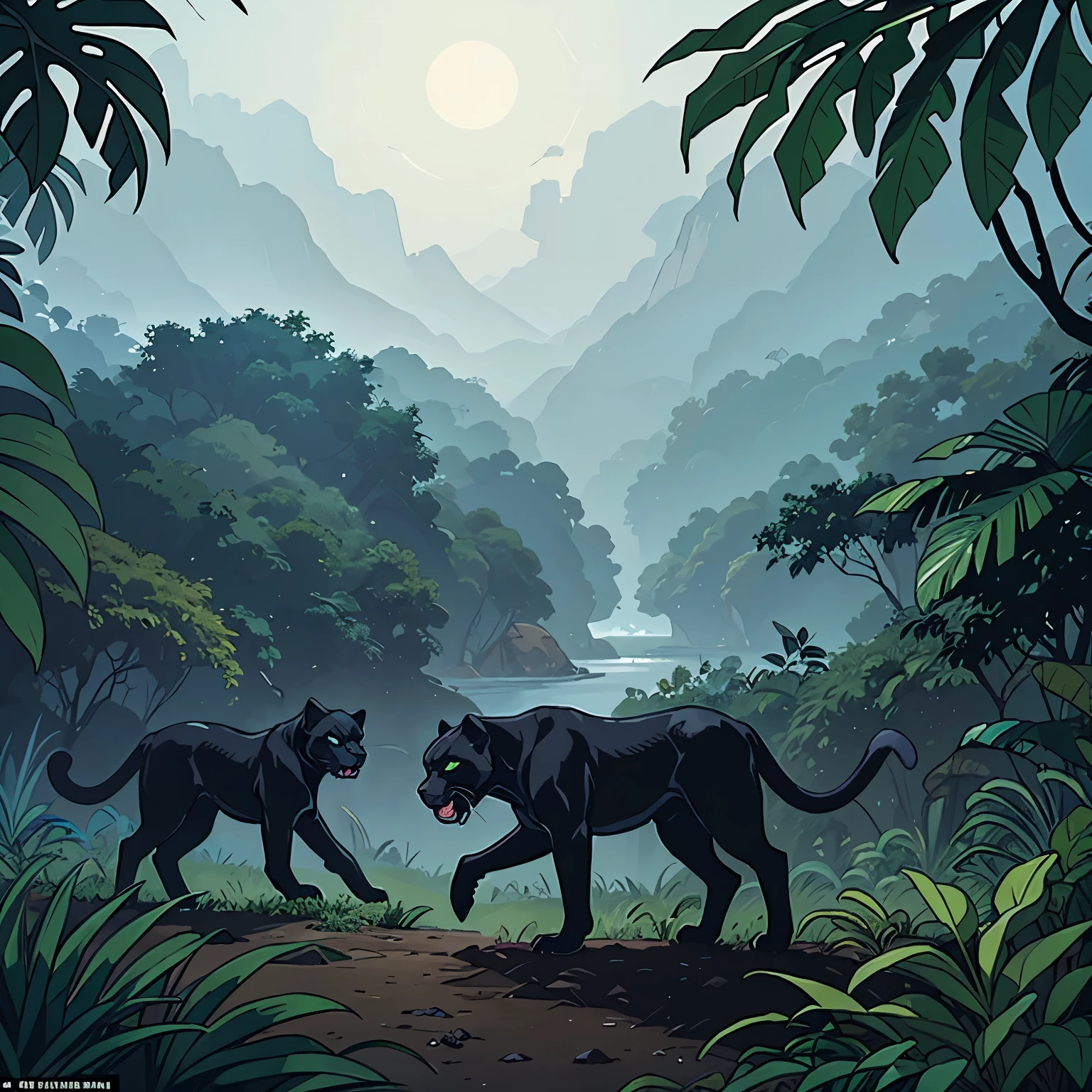 Jungle landscape with minimal fog, 3 detailed panthers in the background searching for a meal, very detailed, visible panther faces, bright colors