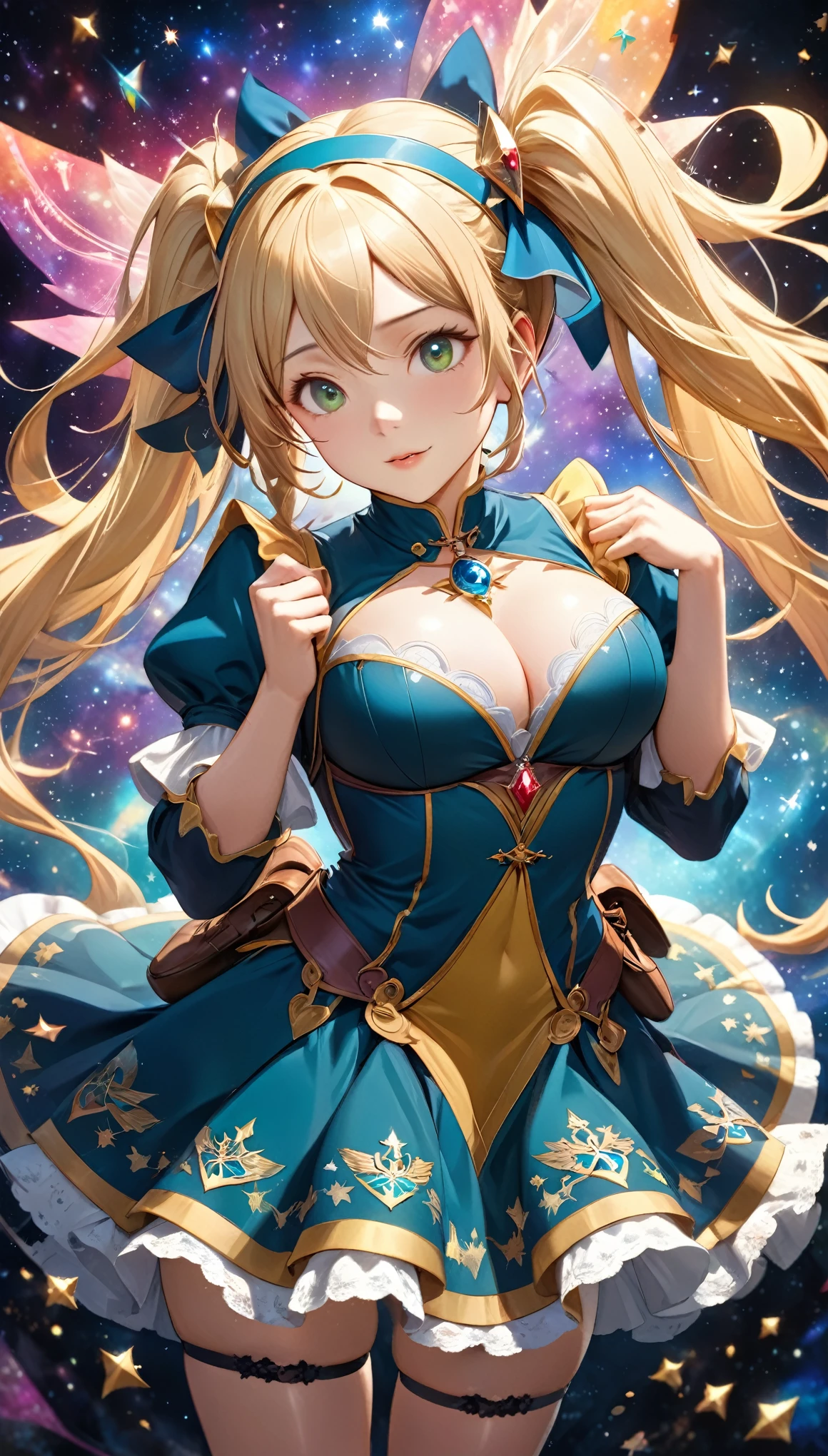 8K resolution, masterpiece, Highest quality, Award-winning works, unrealistic, Only sexy women, healthy shaped body, Age 25, White wavy long hair, twin tail, hair band, huge firm bouncing busts, witch, royal coat of arms, elegant, Very detailed, Digital Painting, artステーション, コンセプトart, Smooth, Sharp focus, shape, artジャム、Greg Rutkowski、Alphonse Mucha、William Adolphe Bouguereau、art：Stephanie Law , Magnificent cosmic background, Royal Jewel, nature, Full Shot, Symmetric, Greg Rutkowski, Charlie Bowwater, beep, Unreal 5, Surreal, Dynamic Lighting, ファンタジーart, Complex colors, カラフルなmagic陣, magic, Small face, Very delicate facial expressions, Delicate eye depiction, Upper body close-up,, erotic, dynamic sexy poses, One sexy woman, Healthy body shape, 24-year-old woman, doaxvv_marie rose, witch, Height: 170cm, big firm bouncing busts, , blonde very long wavy hair, twin tail,, Top view, Glaring at the camera, Looking up, Invincible laughter, A complex, gothic-style long dress, , Green long skirt, garter belt, Brown Loafers, Standing Alone