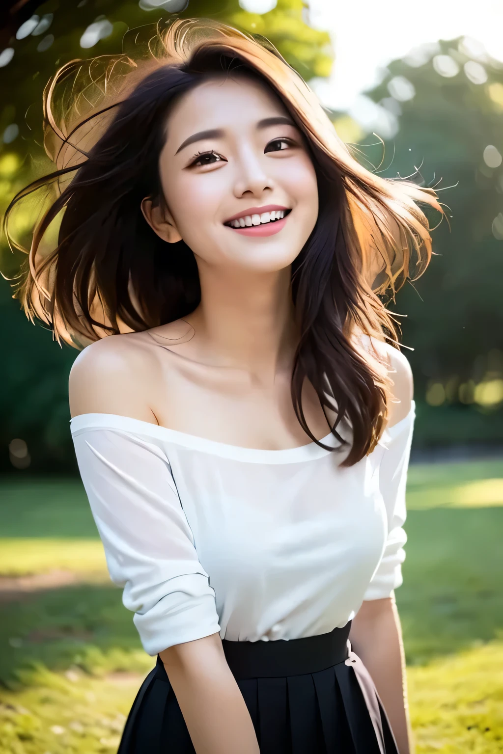 (((A beautiful woman standing in a windy park:1.3))),(Hair blowing in the strong wind:1.3),(Shirt fluttering in the strong wind:1.3),(Skirt fluttering in strong wind:1.3),(Hands holding down the flipped up skirt:1.3),Off the shoulder,White shirt,Looking at the audience,whole body,From above,look up,Beautiful Hands,(Reddish brown wet shiny short messy hair),Blushing cheeks,Pointed red mouth,Big Breasts,Accentuate your breasts,Perfect body curves,Beautiful clavicle,((Expressing happiness through facial expressions:1.3))),Nice face,
Detailed clothing features,Detailed hair features,Detailed facial features,Looking at the camera,,(Dynamic and sexy pose),Cinematic Light,(Highest quality,Written boundary depth,Intricate details,The contrast of light and shadow makes the subject appear three-dimensional,) ,Digital single-lens reflex camera, (Photorealistic),(Picture Mode Ultra HD,)
