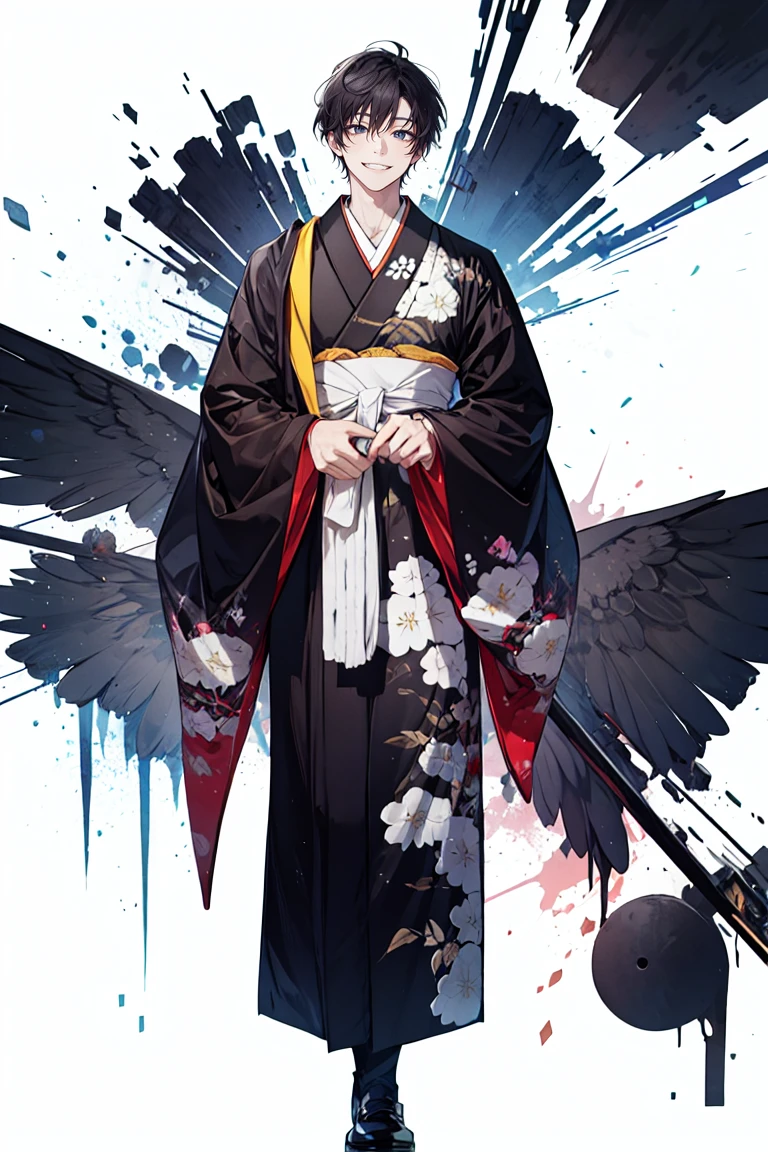 high quality, one man, kimono, very short hair, black hair, smile, white background, full body, beautiful eyes, masterpiece
