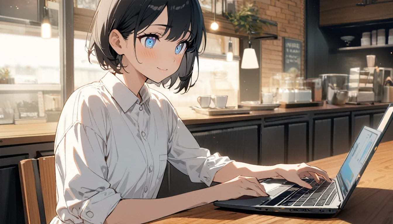 1girl, solo, blue eyes, (detailed eyes), flat chest, short hair, black hair, upper body, gentle smile on her face, wearing a white dress shirt, sitting up straight((masterpiece, illustration, best quality)) A woman operating a laptop in a stylish cafe、28 years old、adult atmospher, has a cup of coffee right beside her