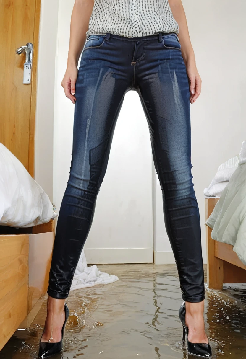 ((full-length body shot)), attractive blonde woman, skinny jeans, high heel pumps, work blouse, standing in a bedroom, wetting, big smile, pee stains are gleaming wet, pee run down legs, shoes flooded with pee, show heels, (((head in frame:1.4))), lower legs of jeans soaking wet, a stream of pee flows between her legs