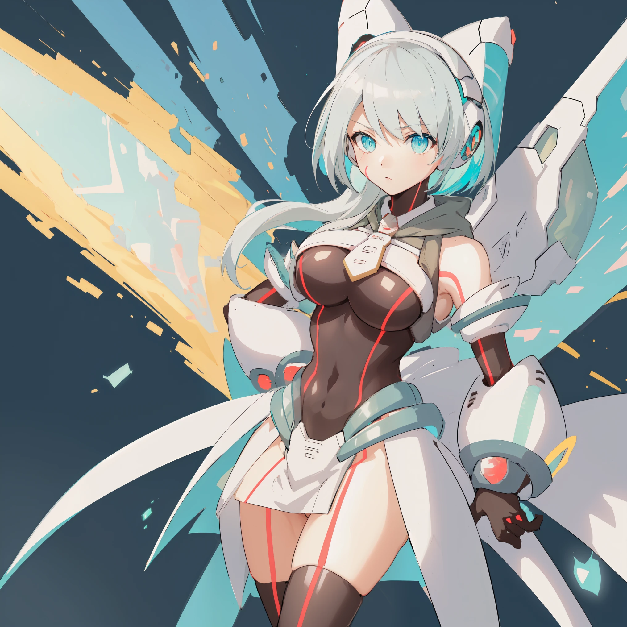 ico_megamanxdive, 1girl, blue eyes, solo, white hair, android, large breasts, black gloves, short hair, thighhighs, necktie, high quality, masterpiece, standing with green flames coming from a tree
