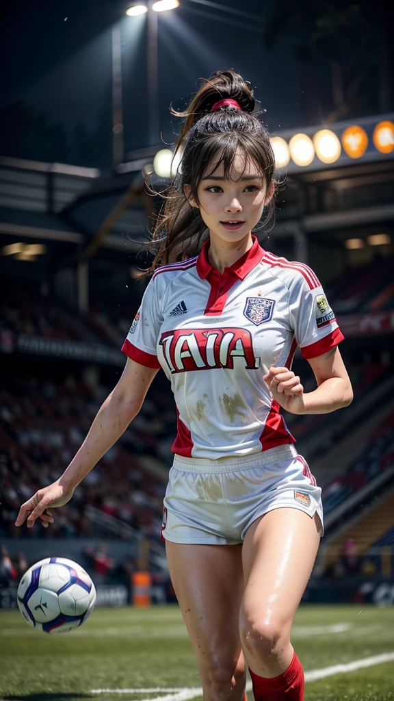 Highest quality, High resolution:1.2, Very detailed, Realistic:1.3, ((Beautiful woman))、((Super tight uniform))、((Big Breasts))、(The abdomen is visible)、(((Soccer uniforms)))、Vibrant colors, play soccer,(Blunt bangs)、((Various Hair Styles))、Different hair colors、With bangs、Wet Hair, concentrate, splash, Action Shots, Grass blotches, Muddy ground, Wet turf, decide, Fast-paced games, Athletic physique, Shiny soccer ball, Wet Uniform, raindrop, Blurred motion, ボールにconcentrateする, Intense competition, Skillful dribbling, Energetic play, Teamwork, powerful shoots, Wet pitch, Passionate sports, Fierce decide, Humid atmosphere, Fluid movement, emotional expression、Dramatic lighting, Women's Sports, Avid athletes, Exciting Games, Endure, Excited state, Speed and agility, Energetic play, 濡れたsplash、smile、((Red Uniform))