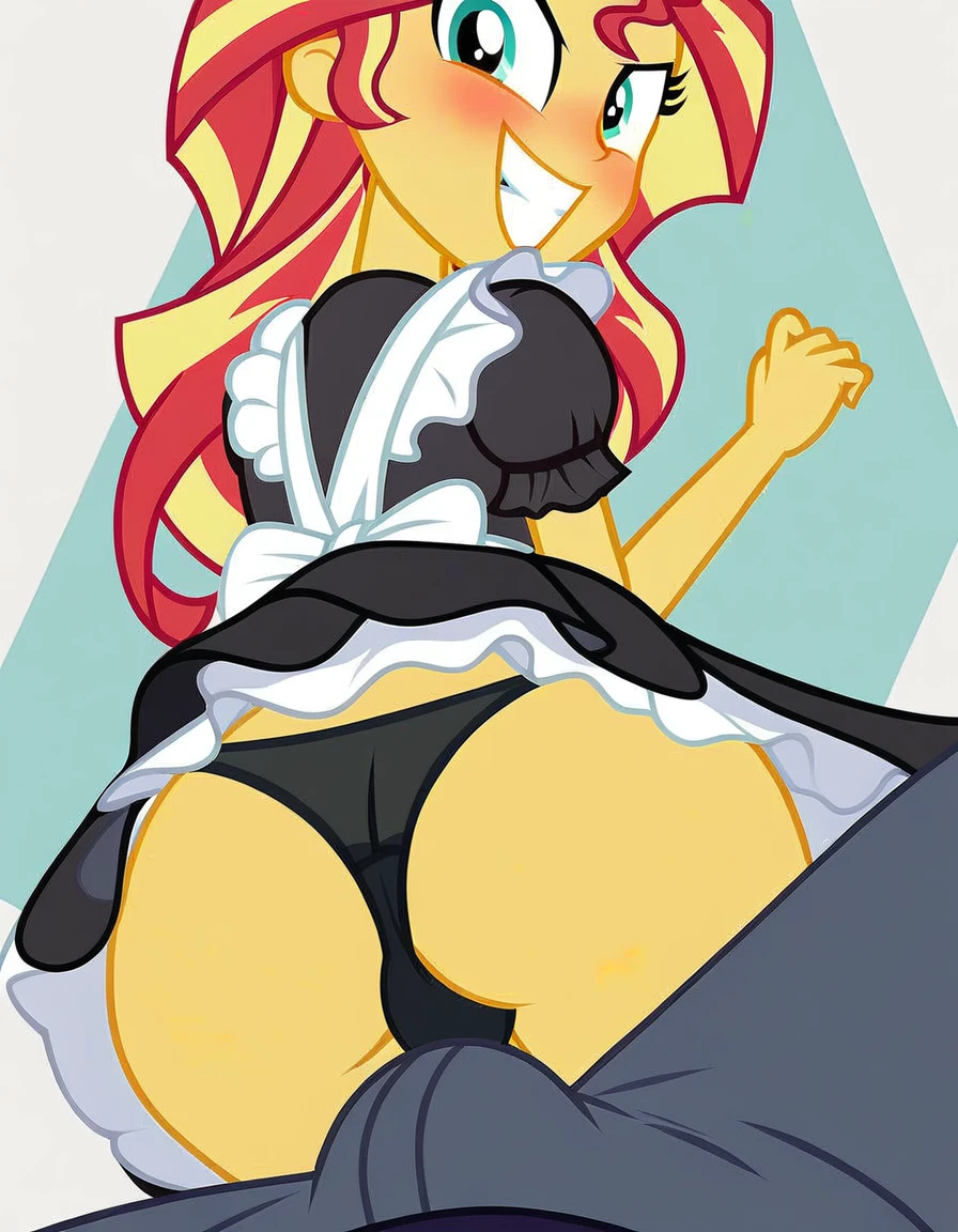 upskirt, duo focus, equestria girls, blushing, sunset shimmer, bra, underwear, grin, evil smile, erection, smiling, butt, clothes, maid, black panties, underwear, sunbutt, show accurate, vector, male pov, tenting, crotch big bulge, big erection in pants, offscreen male character