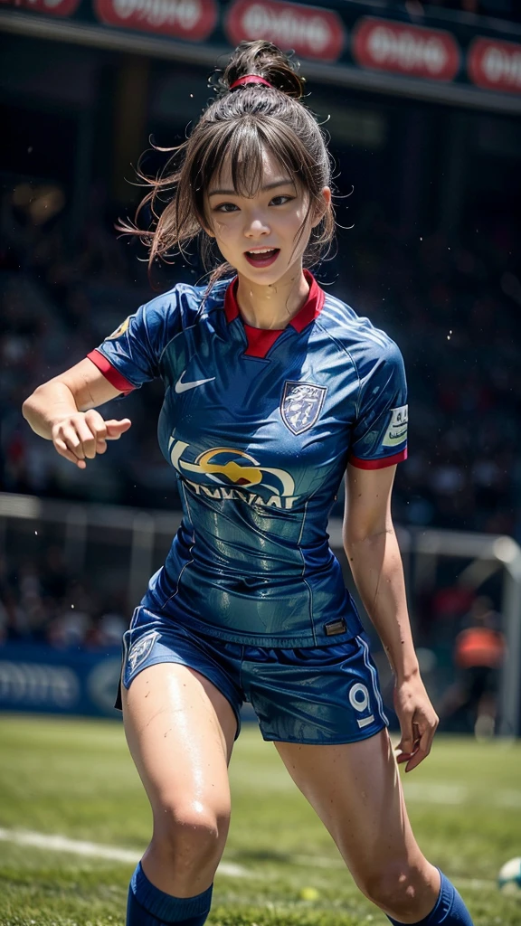 Highest quality, High resolution:1.2, Very detailed, Realistic:1.3, ((Beautiful woman))、((Super tight uniform))、((Big Breasts))、Vibrant colors, play soccer,((Blunt bangs))、With bangs、Wet Hair, concentrated, splash, Action Shots, Grass blotches, Muddy ground, Wet turf, decide, Fast-paced games, Athletic physique, Shiny soccer ball, Wet Uniform, raindrop, Blurred motion, ボールにconcentratedする, Intense competition, Skillful dribbling, Energetic play, Teamwork, powerful shoots, Wet pitch, Passionate sports, Fierce decide, Humid atmosphere, Fluid movement, emotional expression、Dramatic lighting, Women's Sports, Avid athletes, Exciting Games, Endure, Excited state, Speed and agility, Energetic play, 濡れたsplash、smile、Red Uniform