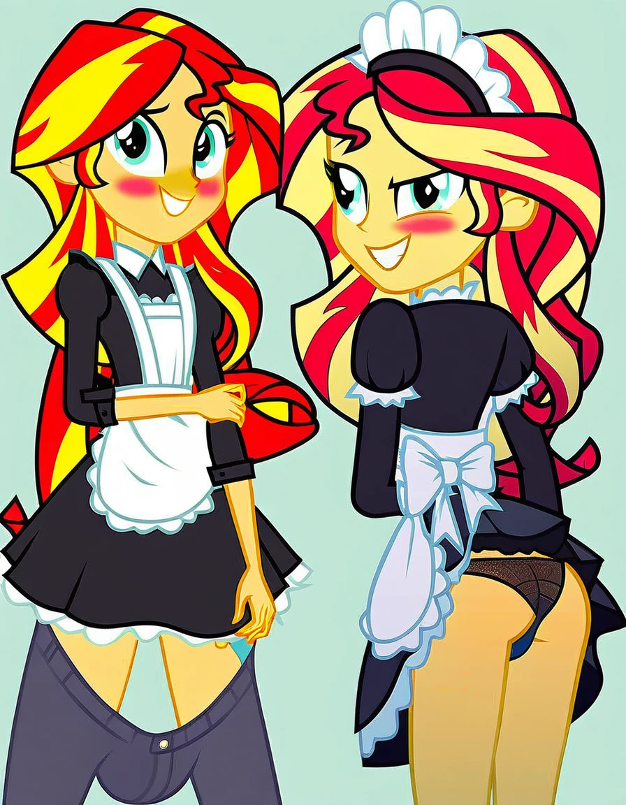 upskirt, duo focus, equestria girls, blushing, sunset shimmer, bra, underwear, grin, evil smile, erection, smiling, butt, clothes, maid, black panties, underwear, sunbutt, show accurate, vector, male pov, tenting, crotch big bulge, big erection in pants, offscreen male character