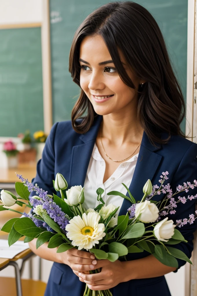 A teacher with flowers in her hands