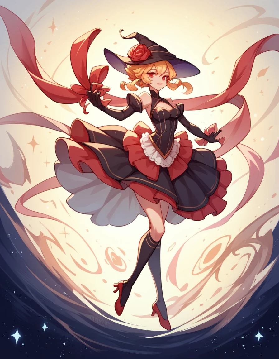 black cat, Cute, big eyes, anthropomorphic, Idol, bang, gradient hair, well-defined hair, manga hair angular, hair root black, hair end red, short hair, hair, holding a microphone and singing, I'm standing in the center of the stage, searchlight, Dynamic, bright, fashionable, perspective, whole body, wink, grinning