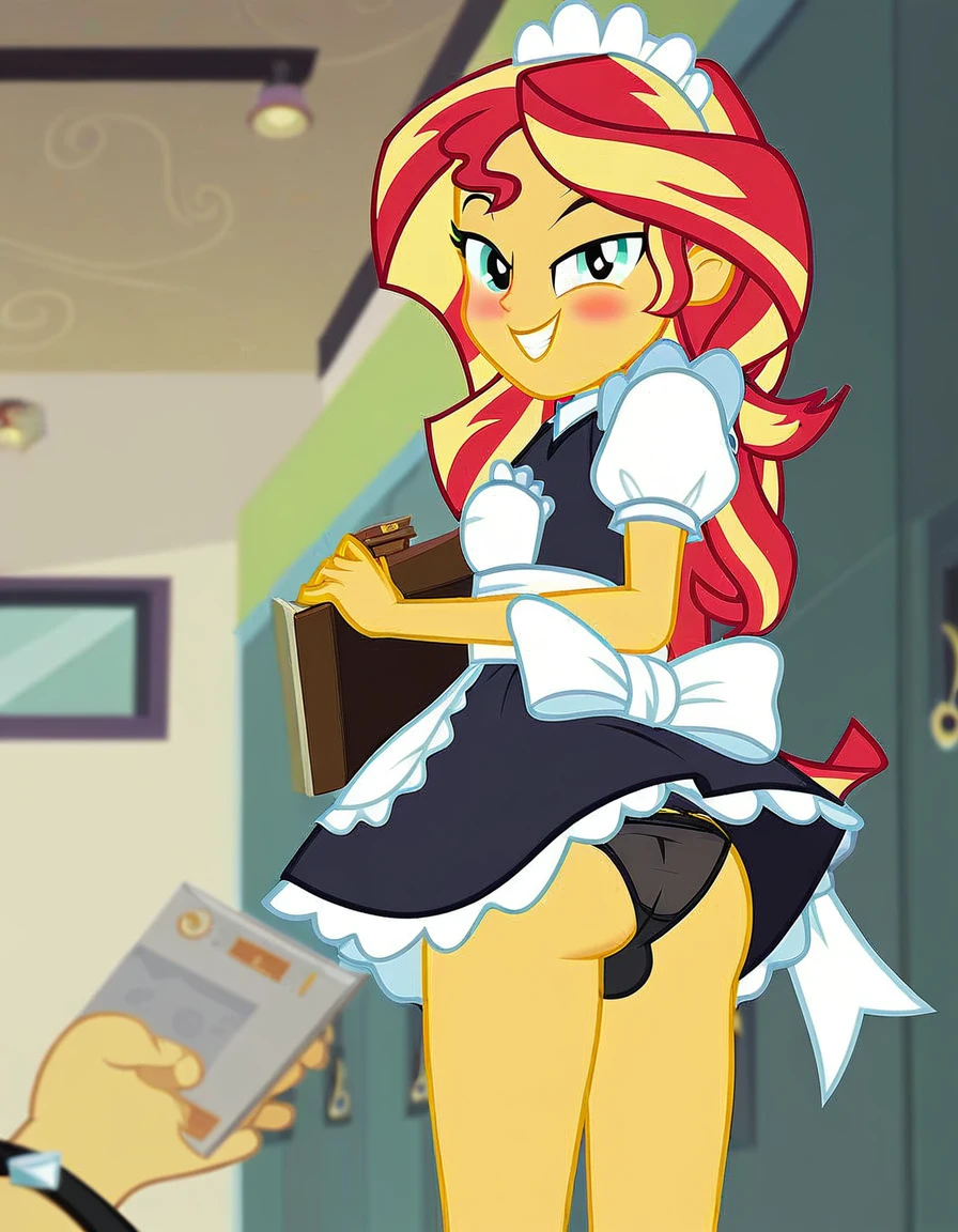 upskirt, duo focus, equestria girls, blushing, sunset shimmer, bra, underwear, grin, evil smile, erection, smiling, butt, clothes, maid, black panties, underwear, sunbutt, show accurate, vector, male pov, tenting, crotch big bulge, big erection in pants, offscreen male character