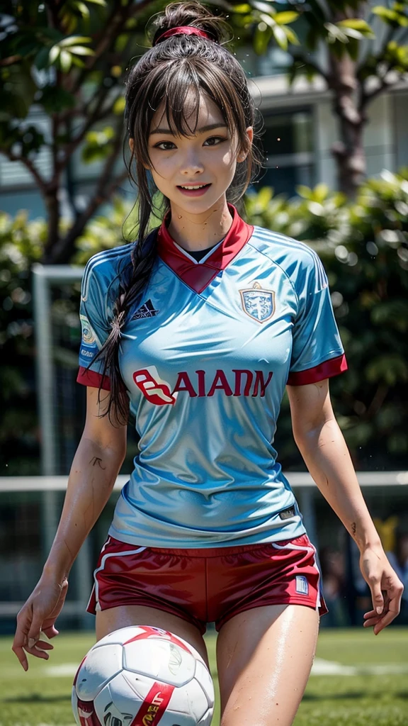 Highest quality, High resolution:1.2, Very detailed, Realistic:1.3, ((Beautiful woman))、((Super tight uniform))、((Big Breasts))、(The abdomen is visible)、(((Soccer uniforms)))、Vibrant colors, play soccer,(Blunt bangs)、((Various Hair Styles))、Different hair colors、With bangs、Wet Hair, concentrate, splash, Action Shots, Grass blotches, Muddy ground, Wet turf, decide, Fast-paced games, Athletic physique, Shiny soccer ball, Wet Uniform, raindrop, Blurred motion, ボールにconcentrateする, Intense competition, Skillful dribbling, Energetic play, Teamwork, powerful shoots, Wet pitch, Passionate sports, Fierce decide, Humid atmosphere, Fluid movement, emotional expression、Dramatic lighting, Women's Sports, Avid athletes, Exciting Games, Endure, Excited state, Speed and agility, Energetic play, 濡れたsplash、smile、((Red Uniform))