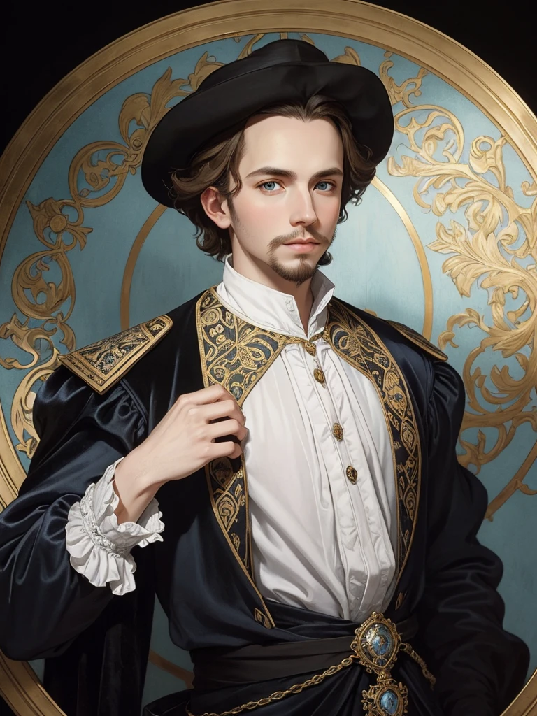 Portrait of Christopher Marlowe, white skin, piercing blue eyes, silky golden-brown hair, refined features, charp jawline, clean shaved, black Elizabethan velvet jerkin, white laced shirt, Mucha style, Mucha background, realism, high quality