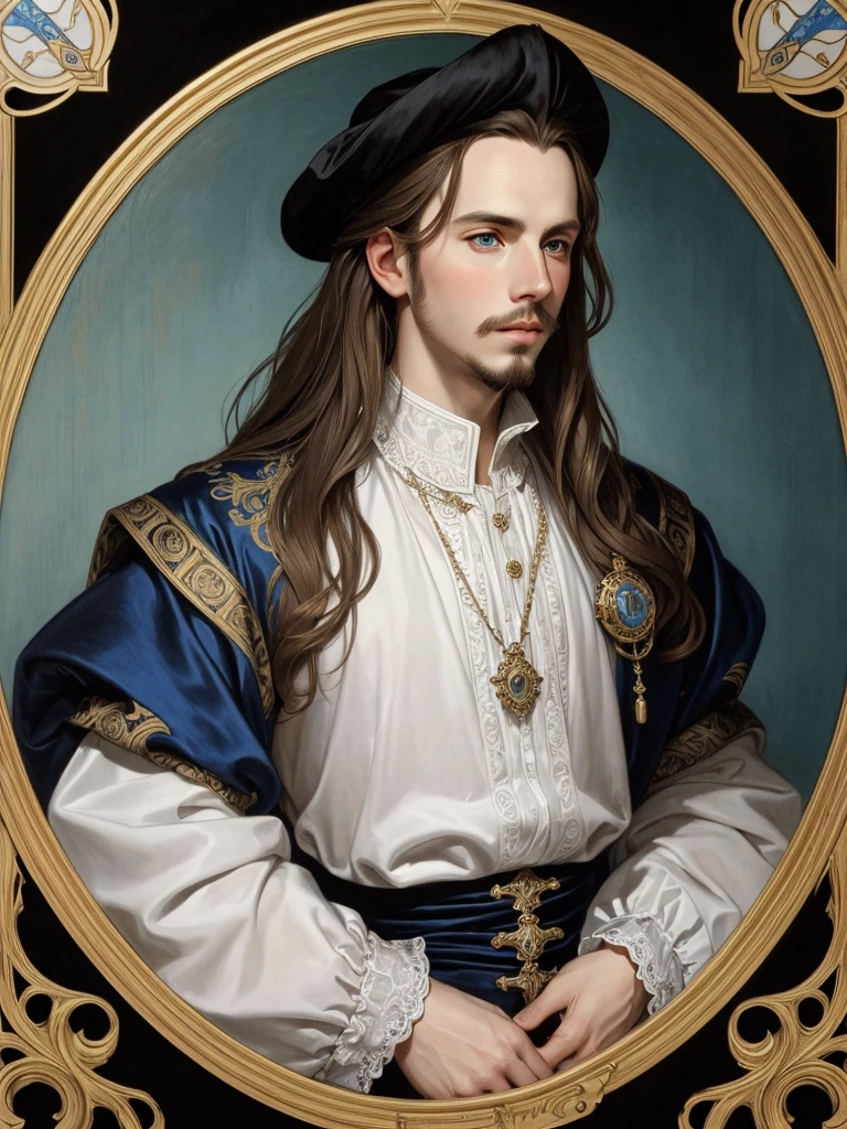 Portrait of Christopher Marlowe, white skin, piercing blue eyes, silky golden-brown hair, refined features, charp jawline, clean shaved, black Elizabethan velvet jerkin, white laced shirt, Mucha style, Mucha background, realism, high quality
