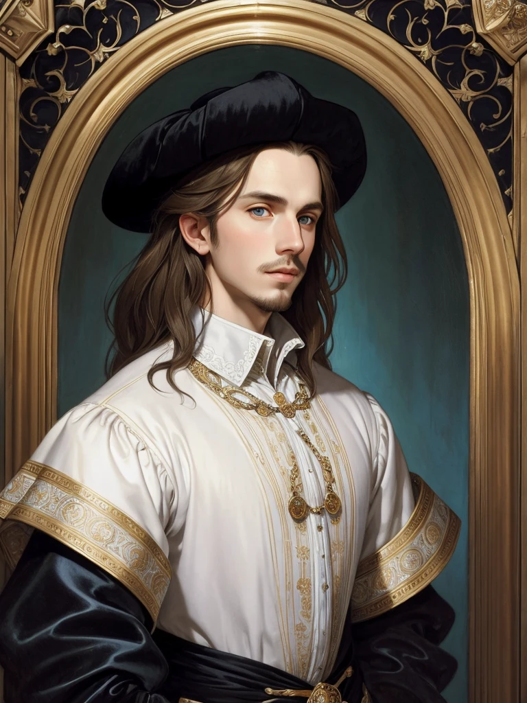 Portrait of Christopher Marlowe, white skin, piercing blue eyes, silky golden-brown hair, refined features, charp jawline, clean shaved, black Elizabethan velvet jerkin, white laced shirt, Mucha style, Mucha background, realism, high quality